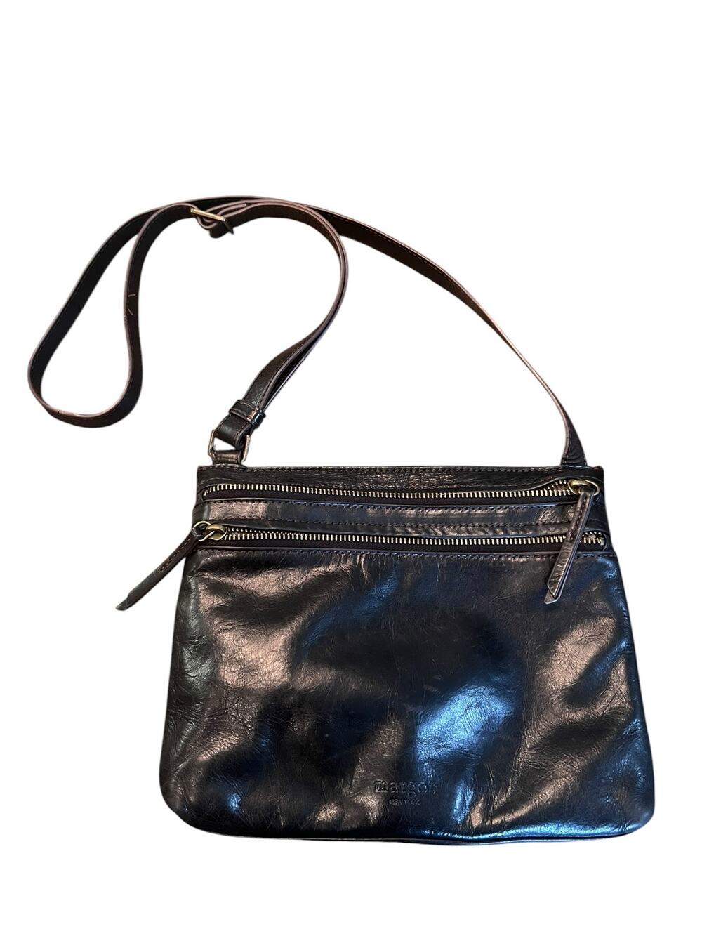 Margot York Classic Black Leather Minimalist Double Front Zip Crossbody Bag